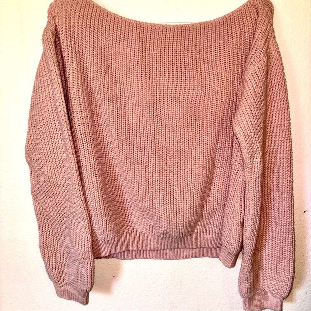 Women's Soft Pink Knit Sweater,  Off the Shoulder Wide Neckline, Size S